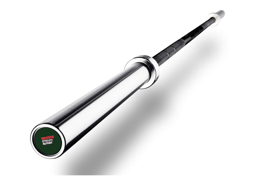 Warrior black zinc and chrome Olympic barbell with knurled black grip handle and green circular collar plate on white backgro