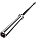Warrior black zinc and chrome Olympic barbell with chrome sleeves and black grip shaft on white background