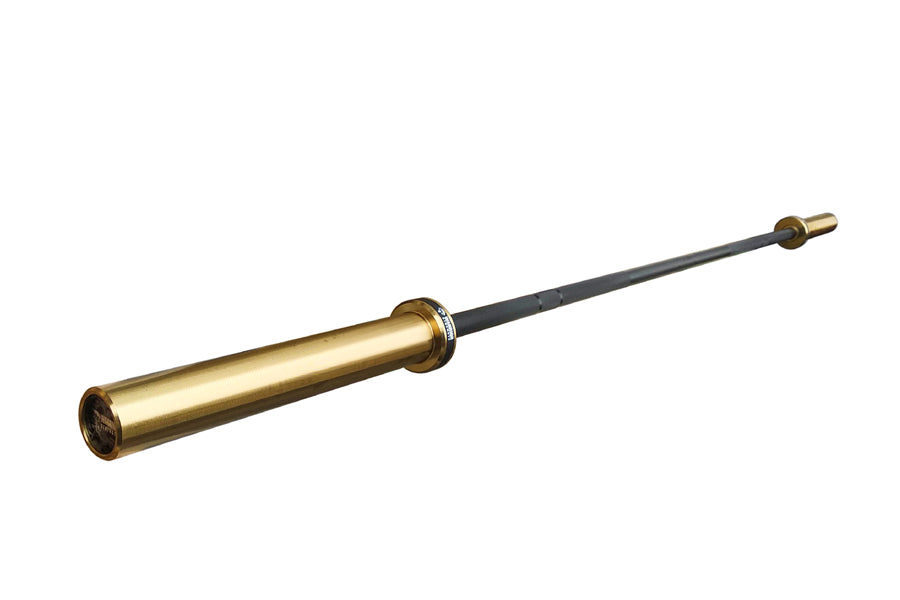 Warrior Black Cerakote and Gold Titanium Barbell with knurled gold sleeve and black shaft on white background