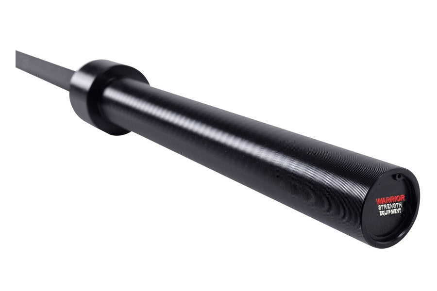 Black Olympic barbell with Cerakote coating, featuring 8 bearings and red Warrior branding on sleeve, on white background