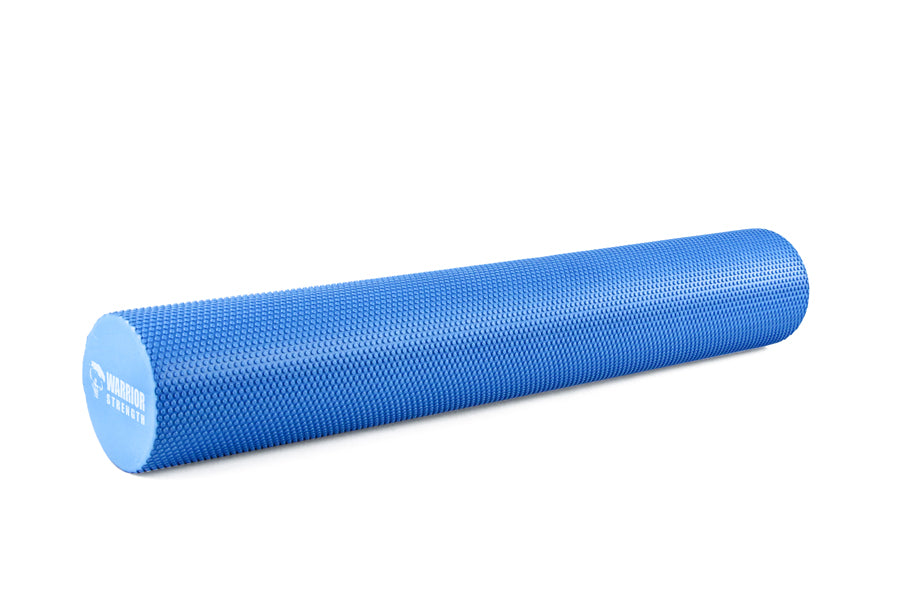 Warrior Elite blue foam roller with textured surface on white background