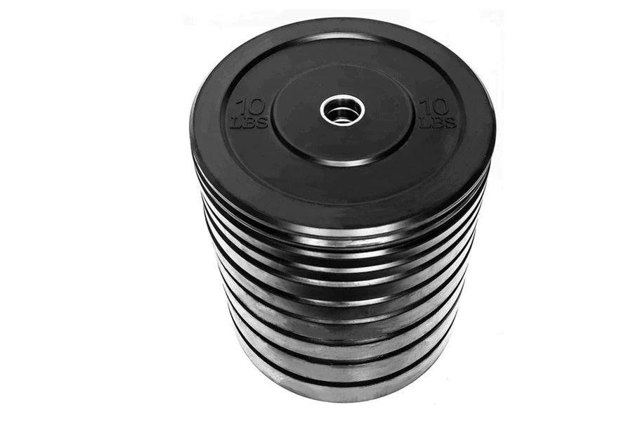 Stack of black rubber bumper plates with chrome center rings, marked 10 lbs each, on white background