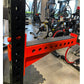 Red and black cable crossover pulley power rack with gray top platform and adjustment holes, displayed in gym setting with ex