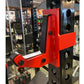Red and black cable crossover pulley attachment mounted on power rack with adjustment holes and lever mechanism