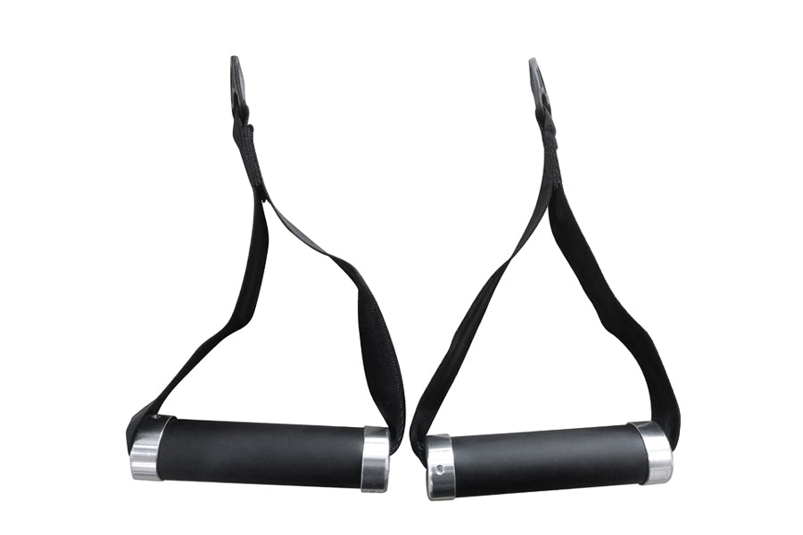 Pair of black foam-grip cable pulley handles with metal end caps and adjustable straps on white background