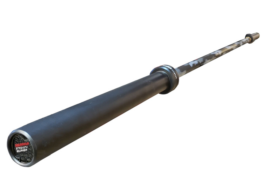 Warrior 6-bearing Olympic barbell with black cerakote finish and camouflage sleeve pattern on white background