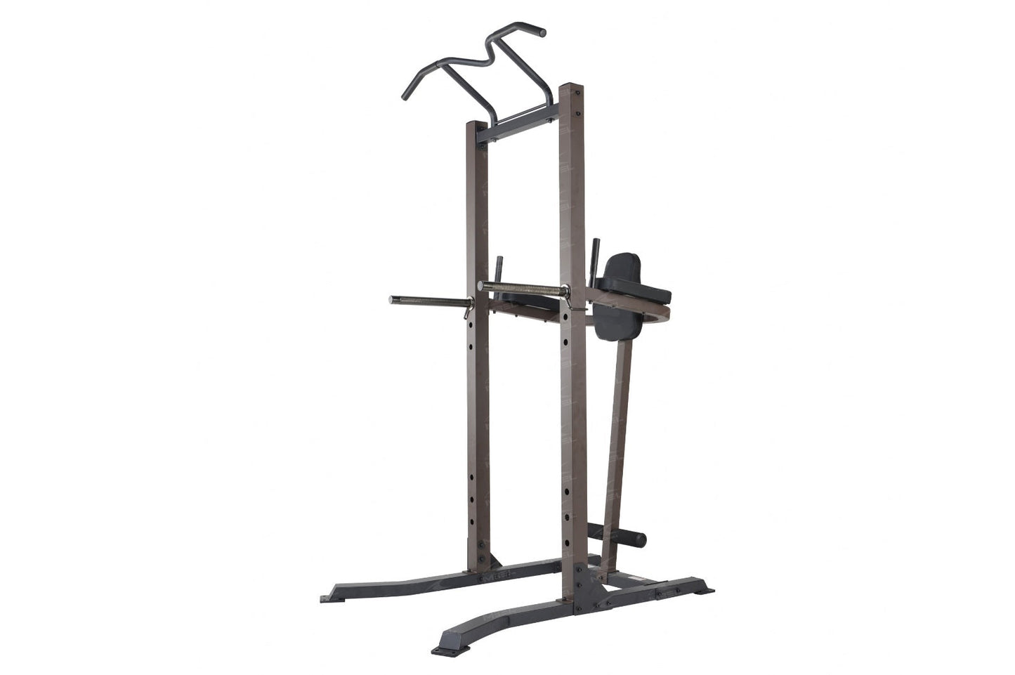 Warrior VKR/Dip Power Tower with gray metal frame, curved pull-up bar, and knee raise pad on white background