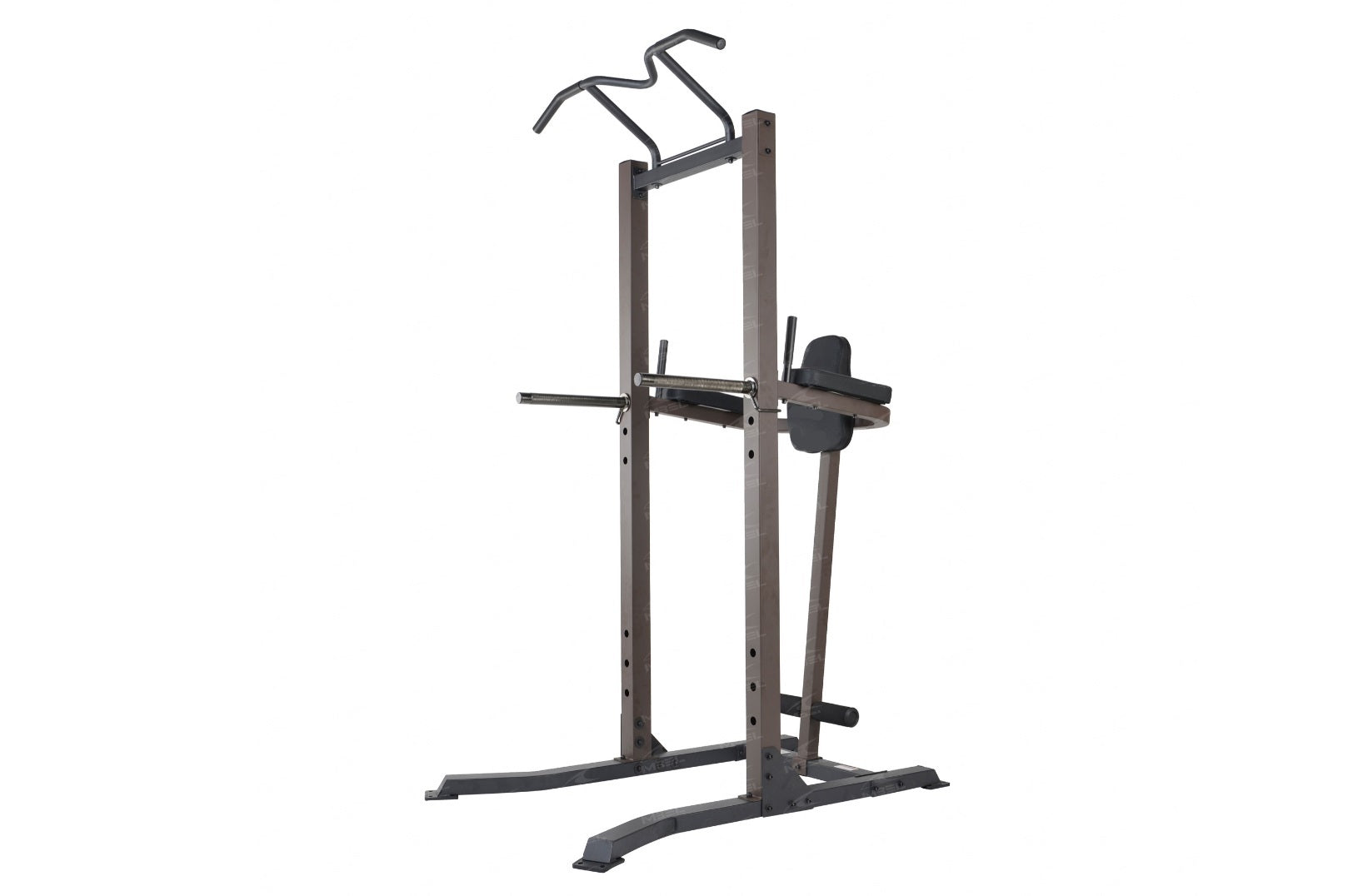 Warrior VKR/Dip Power Tower with gray metal frame, curved pull-up bar, and knee raise pad on white background