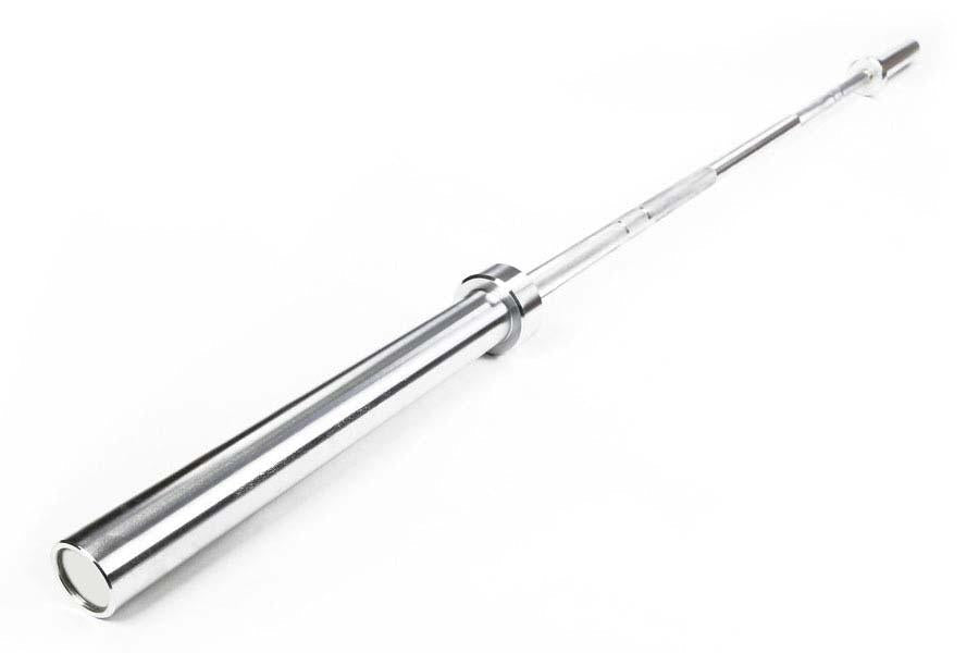 Warrior Chrome 4-Bearing Olympic Bar with polished chrome finish and rotating sleeves on white background