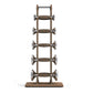 Vertical dumbbell rack with wood frame and stainless steel handles, holding five pairs of weights, on white background