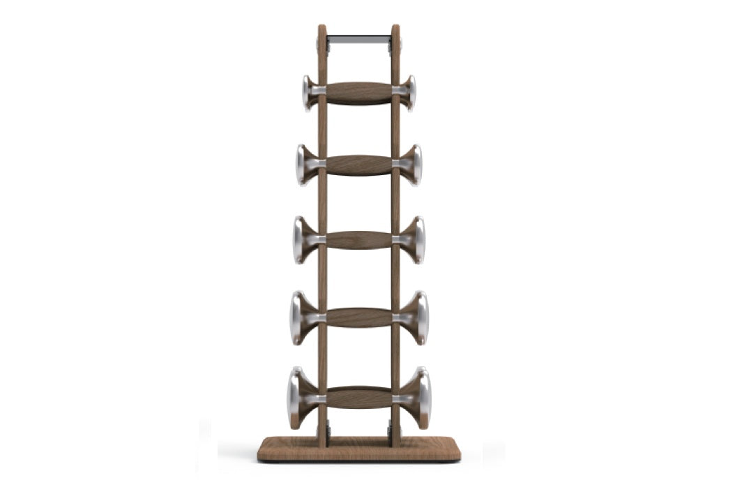 Vertical dumbbell rack with wood frame and stainless steel handles, holding five pairs of weights, on white background