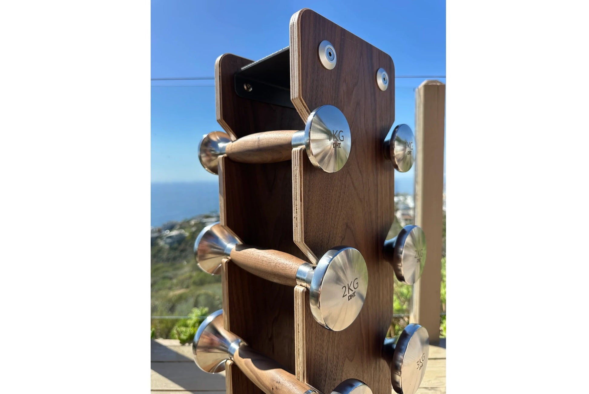 Dark wood dumbbell rack with stainless steel handles and numbered weights from 2.5kg to 12kg, displayed outdoors with ocean v