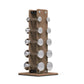 Walnut wood dumbbell tower with five pairs of stainless steel dumbbells ranging from 2.5 to 12 pounds, displayed on white bac