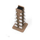 Wood and stainless steel dumbbell set tower stand with white and gray handles, holds weights 2.5-12 lbs on wooden base
