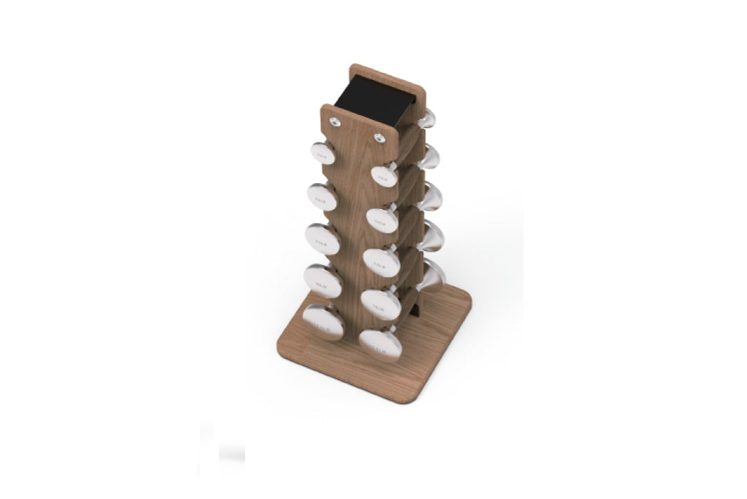 Wood and stainless steel dumbbell set tower stand with white and gray handles, holds weights 2.5-12 lbs on wooden base