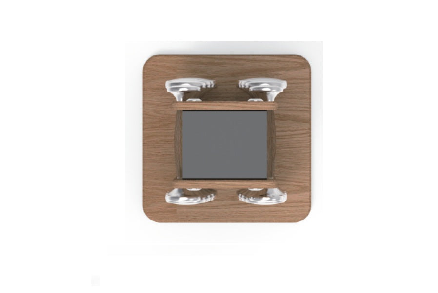 Wooden wall-mounted dumbbell rack with rounded corners, featuring silver metal hooks at four corners and gray center panel, o
