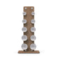 Wooden dumbbell rack with ten pairs of stainless steel dumbbells ranging from 2.5 to 12 pounds, on white background