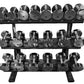 Three-tier black dumbbell rack holding chrome dumbbells ranging from 5 to 50 pounds, displayed against white background