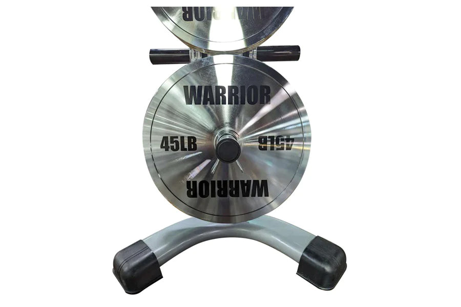 Warrior Chrome Olympic Weight Plates 45lb, showing stacked chrome discs with black handles and base, flat lay on white backgr