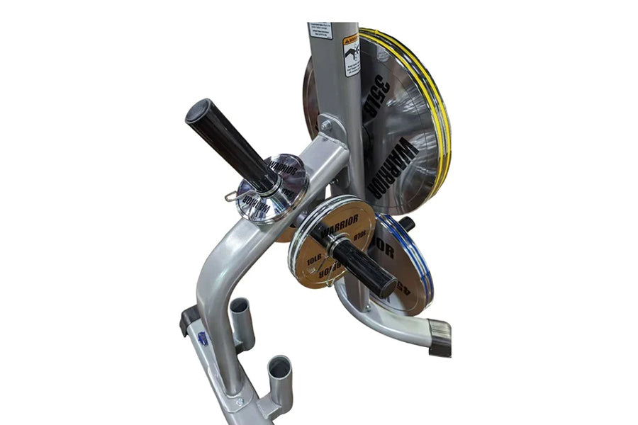 Warrior chrome Olympic weight plates set with 230lbs total, featuring gray and gold circular plates mounted on silver barbell