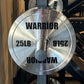Warrior chrome Olympic weight plate, 25lb, with brushed steel finish and black text markings