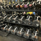 Warrior Pro-Style Chrome Dumbbell Set displayed on black tiered rack in gym, featuring chrome handles with black and colored 