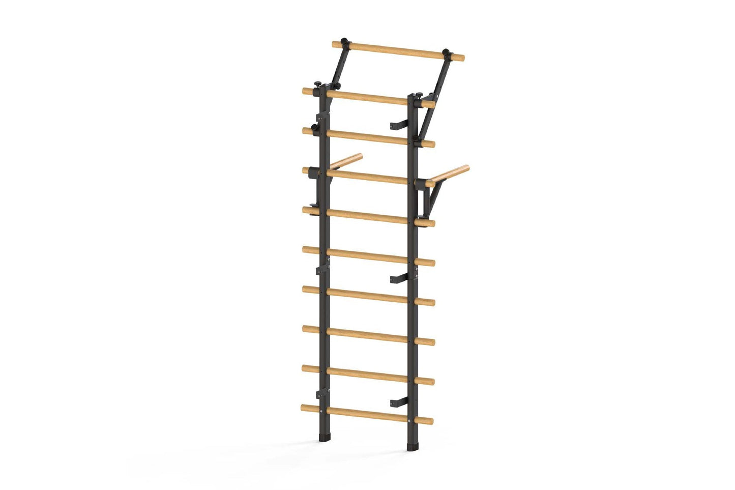 Warrior Swedish stall bars with natural wood rungs and black metal frame on white background