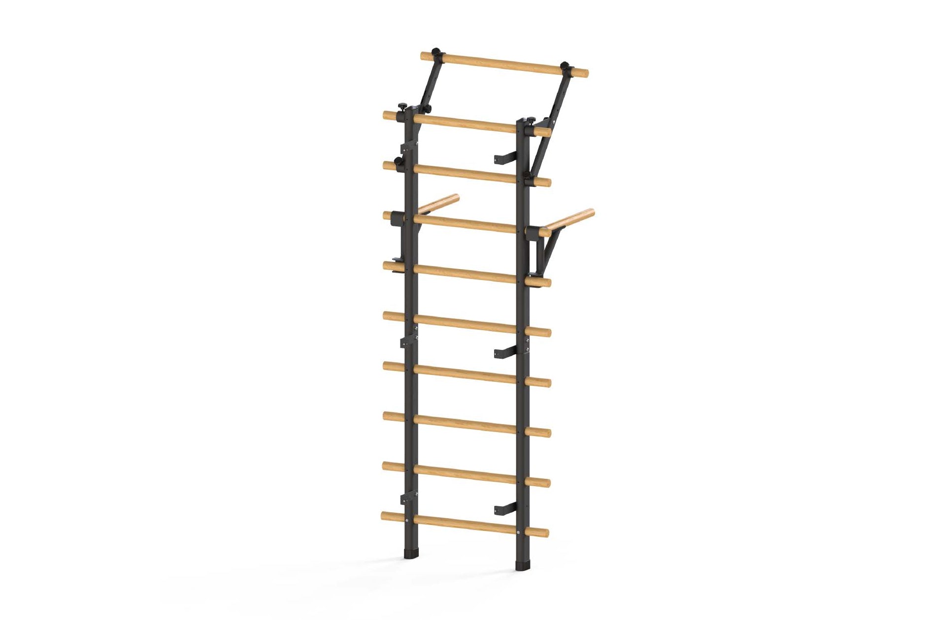 Warrior Swedish stall bars with natural wood rungs and black metal frame on white background