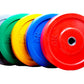Warrior Olympic color bumper plate set in light blue, black, green, yellow, blue, pink, and red with weight markings, arrange