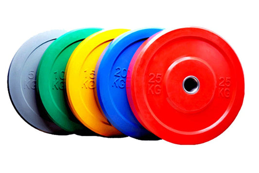 Set of six colored rubber bumper plates in light blue, black, green, yellow, blue, and red with weight markings, arranged in 