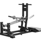 Black and gray commercial belt squat machine with horizontal bar arm, foot platform, and adjustable backrest on white backgro