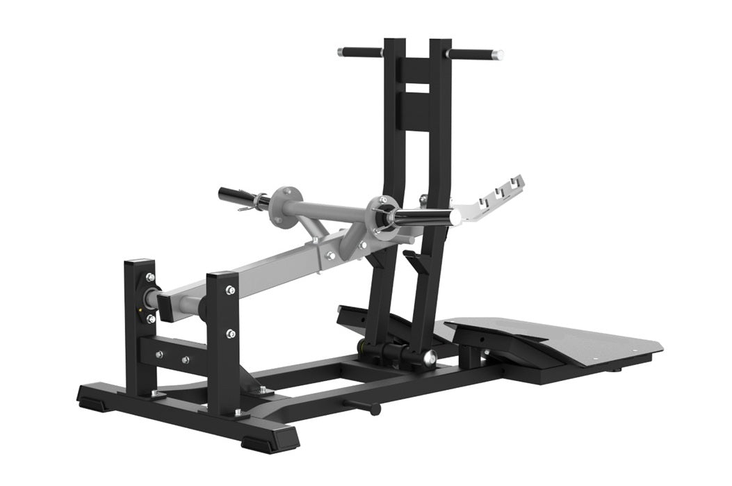 Black and gray commercial belt squat machine with horizontal bar arm, foot platform, and adjustable backrest on white backgro