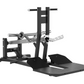 Black belt squat machine with chrome barbell, foot platform, and adjustable leg press attachment on white background
