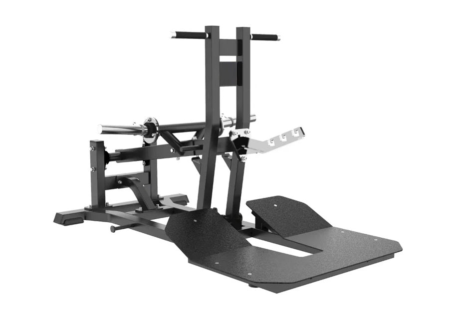Commercial belt squat machine with black frame, dual foot platforms, and adjustable barbell arms on white background