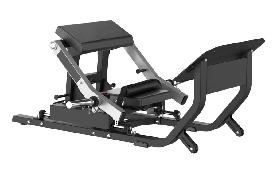 Black and silver commercial hip thruster machine with padded seat, leg press platform, and adjustable backrest on white backg