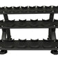 Three-tier black dumbbell rack with curved saddle holders for 10 pairs, featuring sturdy metal frame and support legs on whit