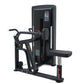 Black commercial seated row machine with digital display, padded seat, and handles on white background