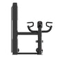 Black commercial seated row machine with curved handles and digital display on white background