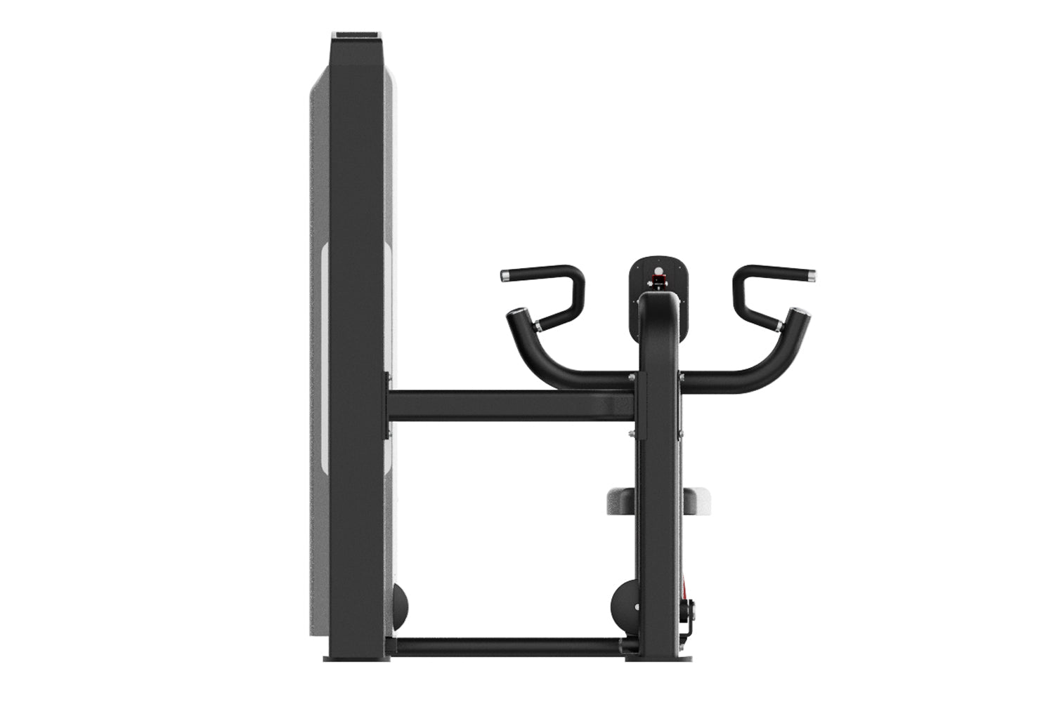 Black commercial seated row machine with curved handles and digital display on white background