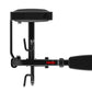 Black commercial seated row machine with padded seat, vertical support pole, horizontal arm with red accent bar, and black fo