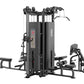 Black multi-station gym equipment with four weight stacks, cable pulleys, and various exercise stations on white background