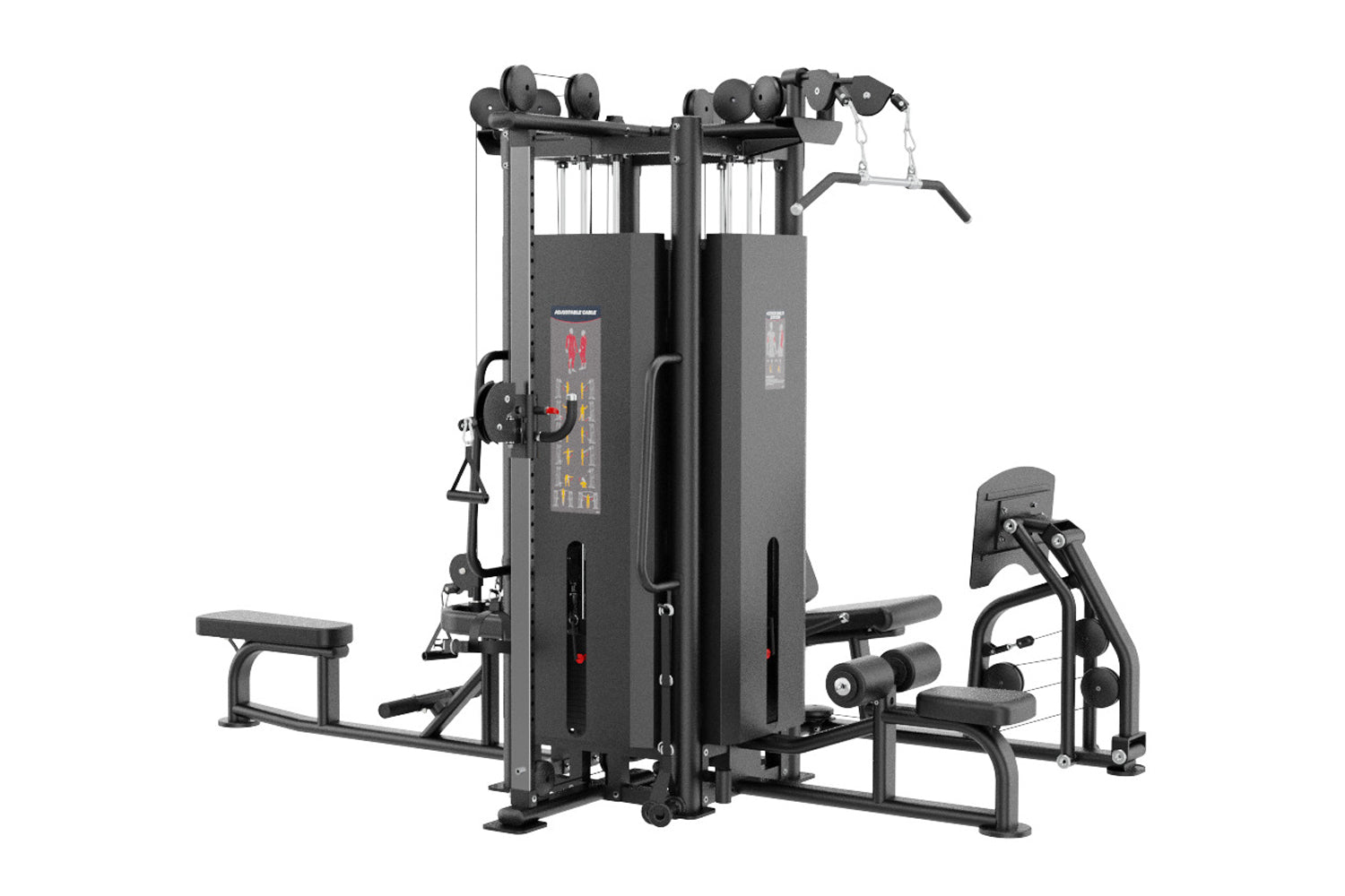 Black multi-station gym equipment with four weight stacks, cable pulleys, and various exercise stations on white background