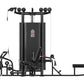 Black multi-station gym equipment with four weight stacks, cable machines, leg press attachment, and adjustable pulleys on wh
