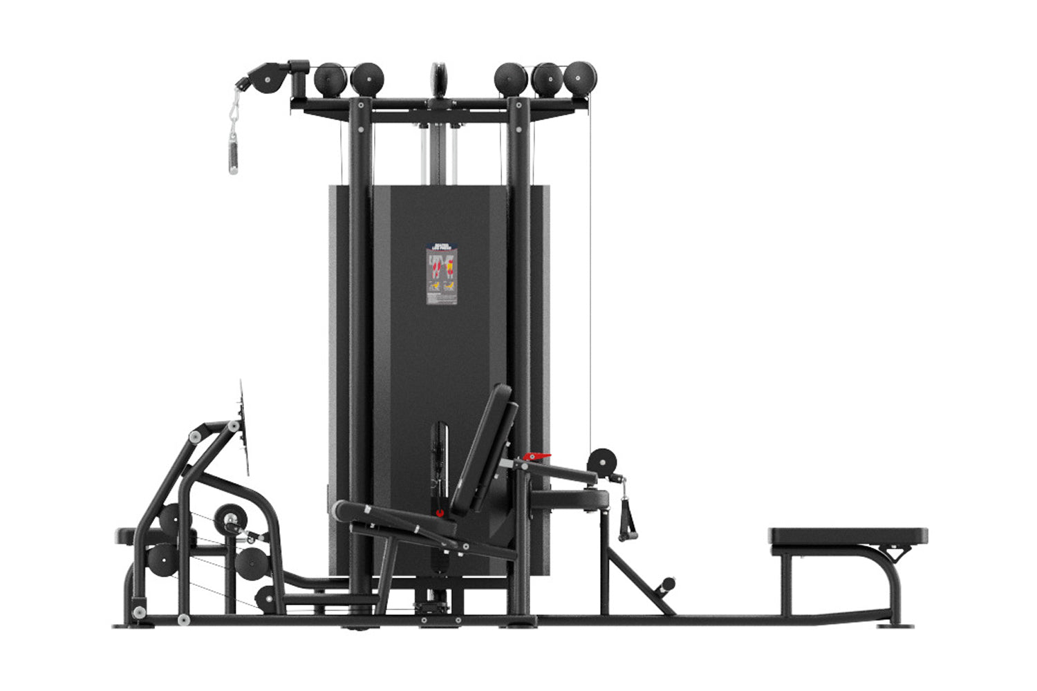 Black multi-station gym equipment with four weight stacks, cable machines, leg press attachment, and adjustable pulleys on wh