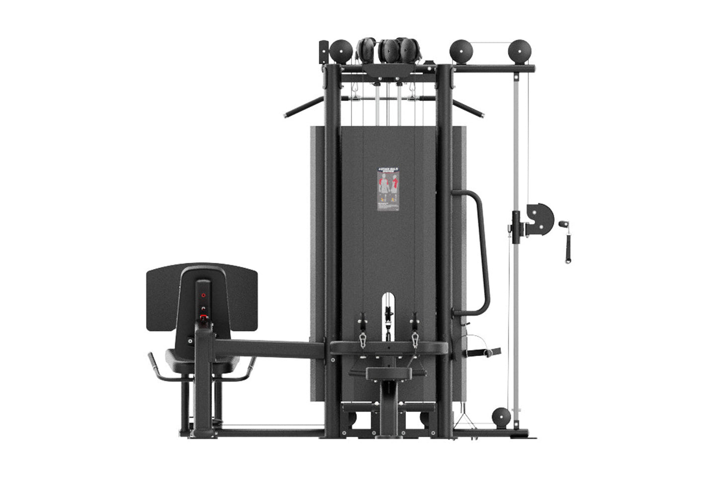Black multi-station gym equipment with four weight stacks, cable pulleys, leg press platform, and padded seat on white backgr