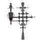 Black multi-station gym equipment with four weight stacks, adjustable seats, and lever handles, shown from front view on whit