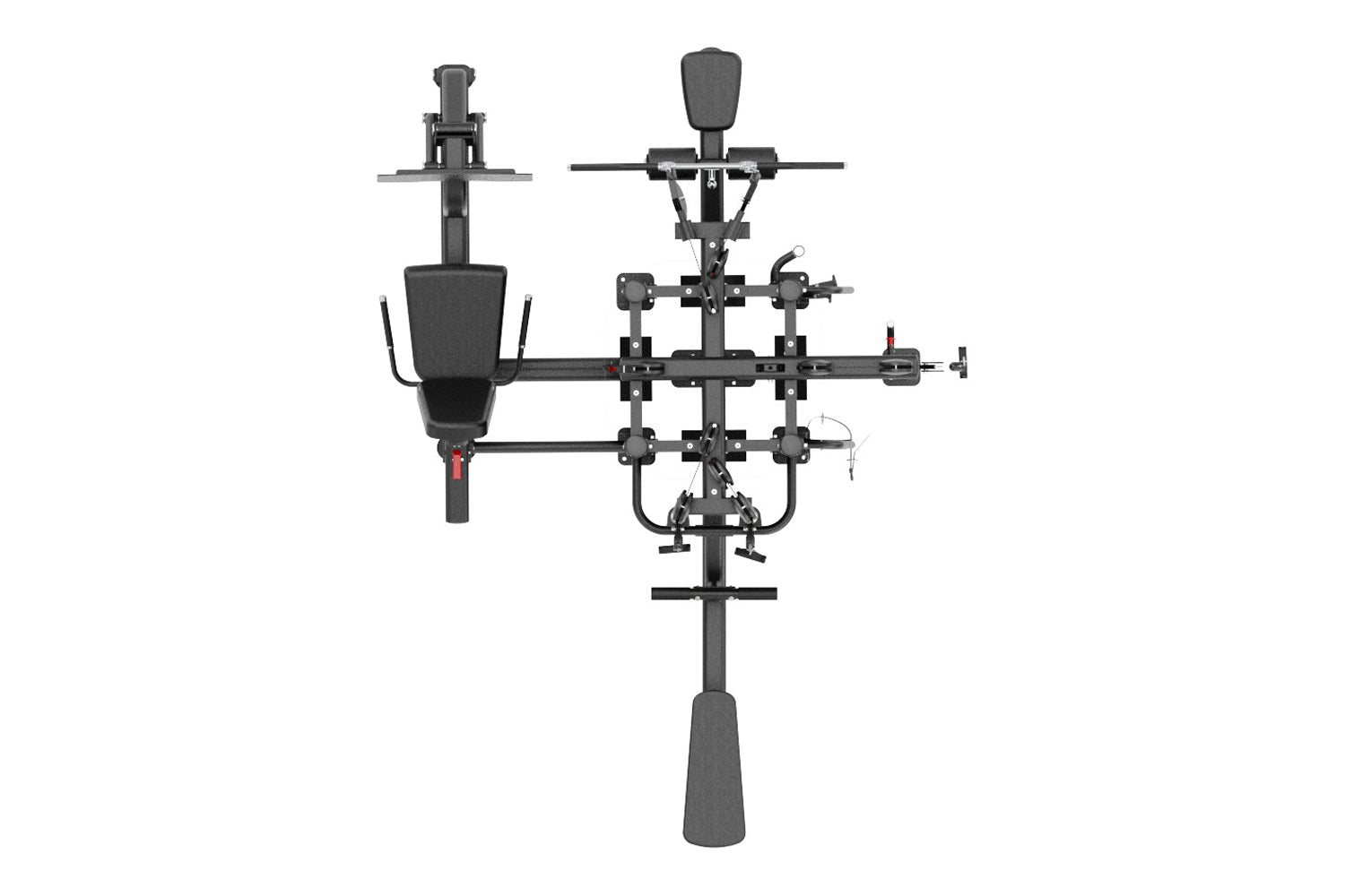 Black multi-station gym equipment with four weight stacks, adjustable seats, and lever handles, shown from front view on whit