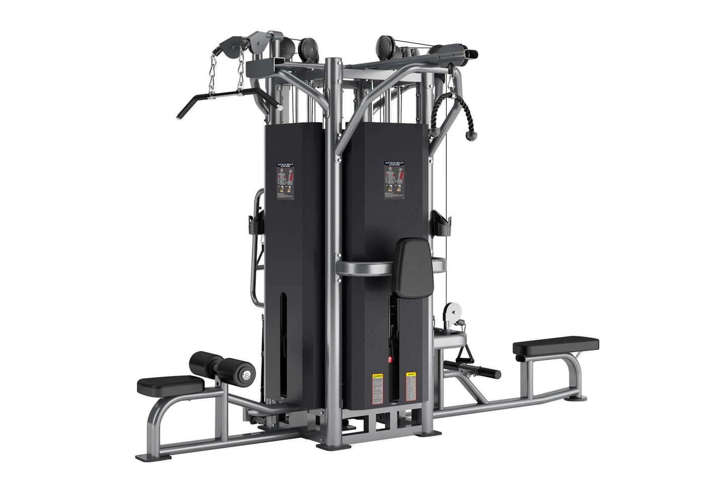 Black and silver commercial multi-station gym equipment with four stacked workout stations, dual cable towers, and adjustable