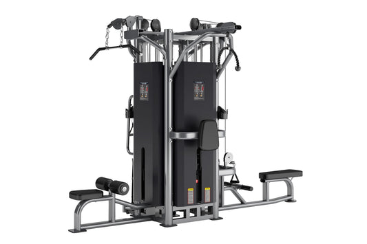 Black and silver commercial multi-station gym equipment with four stacked workout stations, dual cable towers, and adjustable