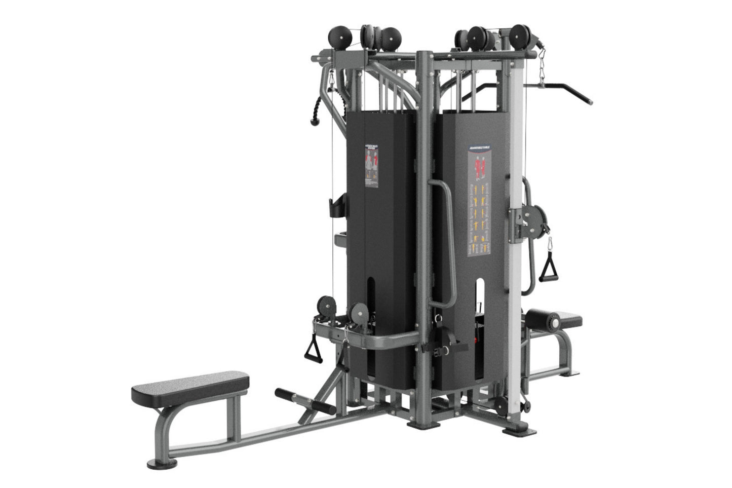 Warrior Deluxe Commercial Series 4-stack multi-station gym with black padding, gray metal frame, weight stacks, and bench att